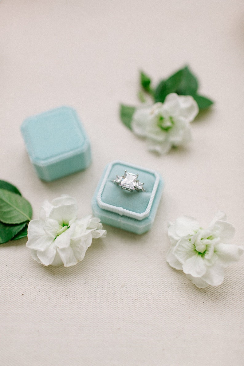 Blue velvet ring box for wedding band , Heirloom ring storage, Wedding ring holder image 1