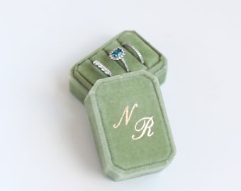 Personalised Three Ring Box, Green Triple Ring Box For Wedding Ceremony, Velvet Ring Box 3 Slot, Engagement Gift For Couple