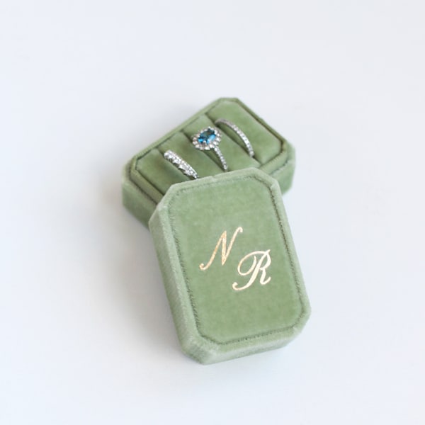 Personalised Three Ring Box, Green Triple Ring Box For Wedding Ceremony, Velvet Ring Box 3 Slot, Engagement Gift For Couple