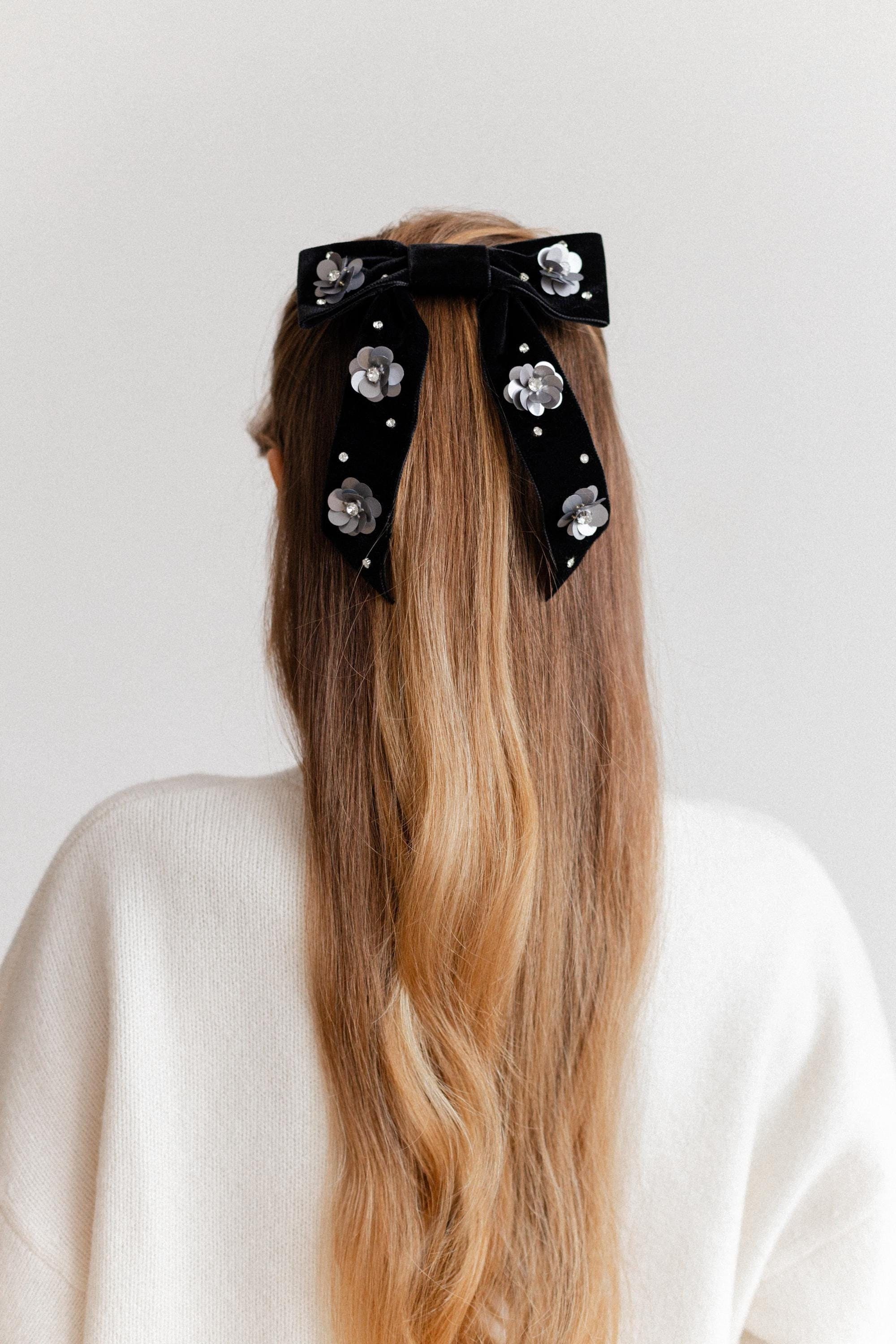 Embroidered Black Velvet Hair Bow, Holiday Hair Bows, Trendy Hair Bows