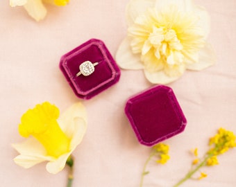 Purple velvet ring box with monogram, Wedding engagement ring box