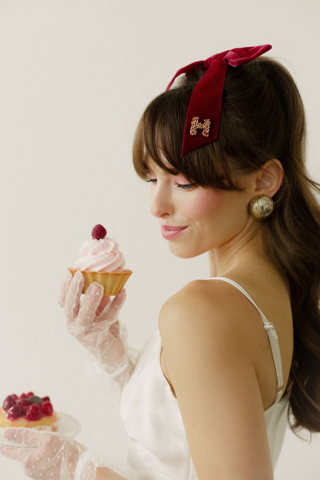 Dark Red Velvet Hair Bow With Initials, Elegant Hair Clip, French