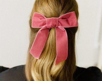 Coquette pink velvet hair bow barette, Feminine festive hair accesories, French bow clip, Bridal shower gifts idea