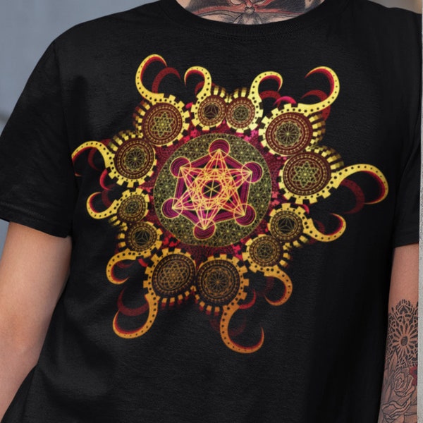 Metatron's Cube | Sacred Geometry | Organic Shapes | Geometric Intricate Pattern | Gold Psychedelic Ornate Unisex Shirt For Men and Women