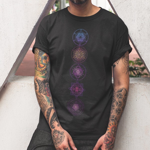 Sacred geometry Symbols With Flower of Life Gradient Colors | Psychedelic Artwork | Intricate Geometry | Spiritual Clothing | Unisex T-Shirt