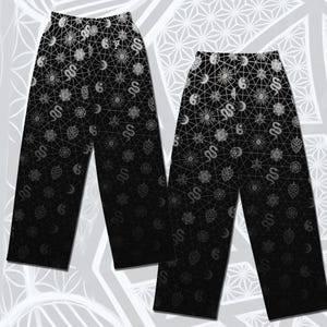 Pantaloni a gamba larga con motivo sacro argentato / Pantaloni da yoga geometrici da festival / Abbigliamento da strada con geometria sacra / Pantaloni da salotto unisex spirituali
