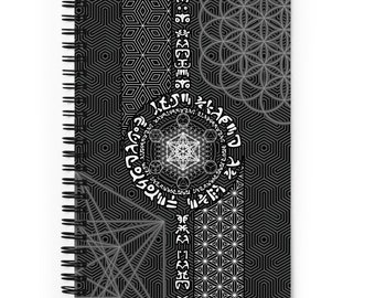 Metatron&#39;s Cube | Flower Of Life | Platonic Solids | Sacred Geometry | Psychedelic Pattern | Alien Writing | Dotted Pages | Spiral notebook