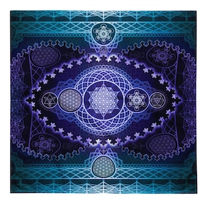 May include: Square textile with a geometric design in shades of blue and purple. The design features intricate patterns, including circles, stars, and interconnected lines, creating a symmetrical and detailed composition. The overall aesthetic is spiritual and artistic.