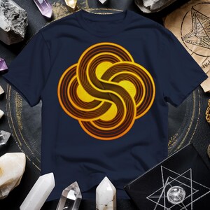 a t - shirt with a yellow and brown swirl on it