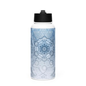 Sacred Geometry | Sri Yantra | Flower of Life | Metatron’s Cube | 64 Tetrahedron | Merkaba | Golden Spiral | Stainless Steel Bottle