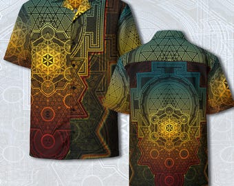 Uniseks overhemd met knopen van gerecycleerd polyester heilige geometrie | Sri Yantra, de kubus van Metatron