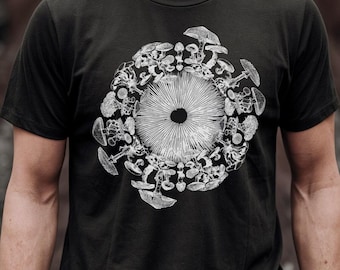 Camiseta com estampa de esporos de íris e cogumelos | Arte Micológica