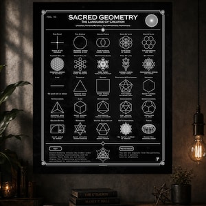 Peut inclure: Une affiche noire intitulée Sacred Geometry: The Language of Creation, présentant des dessins au trait blanc de formes géométriques et de motifs, dont la Fleur de Vie, le Cube de Metatron et des solides de Platon, avec du texte descriptif.