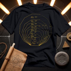 Könnte beinhalten: Ein schwarzes T-Shirt mit einer goldenen Grafik eines geometrischen Designs. Das Design zeigt eine Reihe von regelmäßigen Polygonen, darunter ein Dreieck, ein Quadrat, ein Fünfeck, ein Sechseck, ein Siebeneck, ein Achteck, ein Neuneck, ein Zehneck, ein Elfeck, ein Zwölfeck und ein 13-seitiges Polygon. Jedes Polygon ist mit seinem Namen und der Summe seiner Innenwinkel beschriftet.