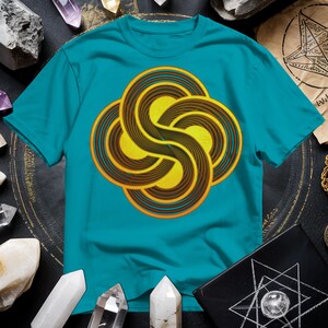 a blue t - shirt with a yellow swirl on it