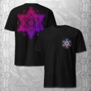 -shirt Superstructure Metatron | T-shirt quadrillé à géométrie sacrée | 64 oeuvres d&#39;art en cube tétraèdre | Conception de symboles métaphysiques | Chemise psychédélique unisexe