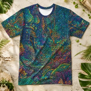 Könnte beinhalten: Ein kurzärmeliges T-Shirt mit einem komplexen, farbenfrohen Muster. Das Design zeigt ein Netzwerk aus Linien und Formen in Blau-, Grün-, Gelb- und Lilatönen, wodurch ein psychedelischer Effekt entsteht. Das T-Shirt hat einen weißen Rundhalsausschnitt.