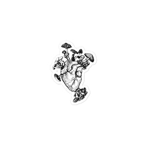 May include: A black and white illustration of a human heart with mushrooms growing out of it.