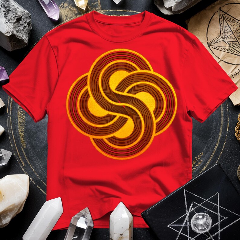 a red t - shirt with a yellow swirl on it