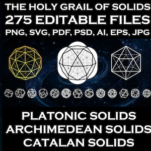 May include: A digital illustration of 275 editable files of geometric shapes, including Platonic solids, Archimedean solids, and Catalan solids. The image features a variety of shapes in black and white, with one shape highlighted in yellow.