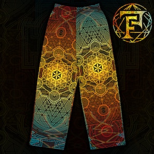 May include: A pair of black pants with a geometric pattern in shades of yellow, orange, and blue. The pattern is made up of overlapping circles, triangles, and squares.