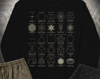 Sacred Geometry T-Shirt, Flower of Life Metatron’s Cube Merkaba Spiritual Unisex Long-Sleeve Shirt