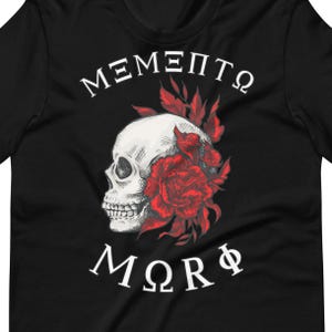 Memento Mori | Skull and Flowers | Greek Typography | Stoicism Philosophy | Remember Death | Unisex t-shirt