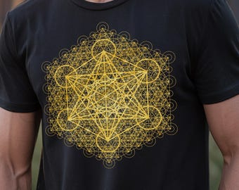 Sacred Geometry | Metatron's Cube Transcendence Gold | Intricate Geometric Shirt | Psychedelic Wearable Art | Unisex T-shirt