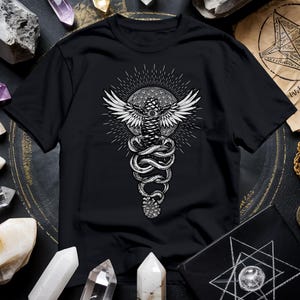 May include: Black t-shirt with a white graphic of a snake with wings and a third eye. The snake is wrapped around a staff with a pine cone at the bottom. The graphic is surrounded by a circle with a geometric pattern and rays of light.
