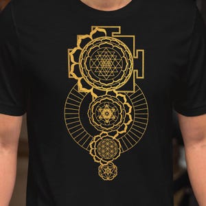 Sacred Geometry | Metatrons Cube | Sri Yantra | Building Blocks of the Universe | Gold Merkaba | Tattoo Style | Psychedelic Unisex T-Shirt