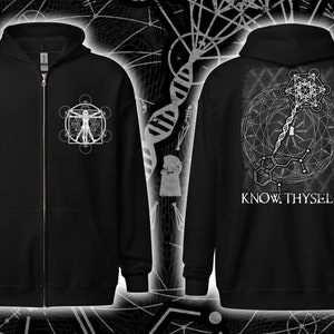 May include: Black zip-up hoodie with white graphic designs. The front features a Vitruvian Man illustration within geometric shapes. The back displays a circular design with a DNA strand and the text "KNOW. THYSELF".