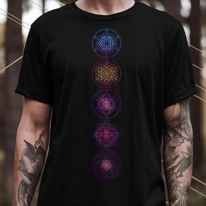 Sacred geometry Symbols With Flower of Life Gradient Colors | Psychedelic Artwork | Intricate Geometry | Spiritual Clothing | Unisex T-Shirt