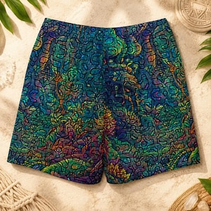May include: Vibrant, patterned shorts with a complex, colorful design. The shorts feature a repeating, abstract pattern in shades of blue, green, yellow, and red. The shorts are made of a lightweight material, perfect for warm weather.