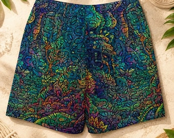 Shipibo Conibo Jungle Pattern Cotton Shorts, Psychedelic Sacred Geometry Unisex cotton long shorts