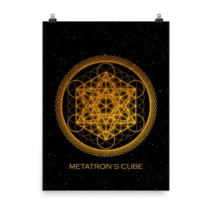 May include: A gold Metatron's Cube geometric design on a black background with a subtle sparkle effect.