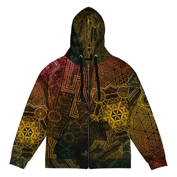 Hoodie van gerecycled polyester met heilige geometrie | Sri Yantra, de kubus van Metatron