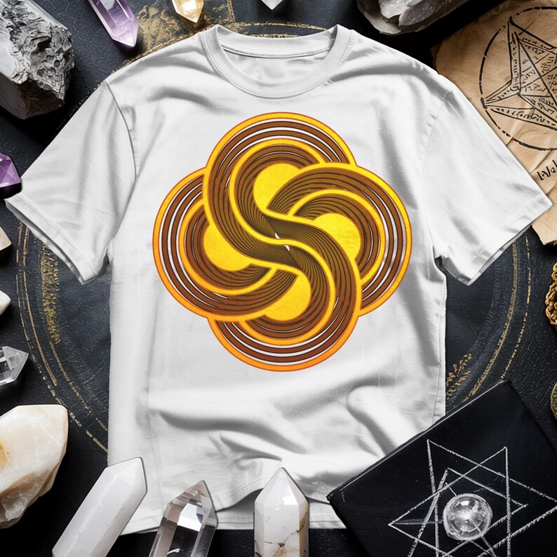 a white t - shirt with a yellow and brown swirl on it
