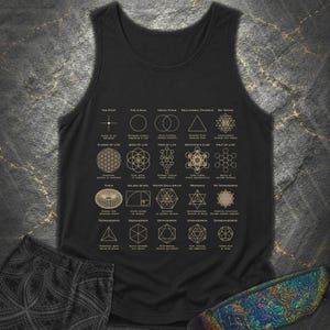 May include: A black tank top featuring a gold-colored grid of twenty geometric symbols and sacred geometry patterns. Each icon is labeled with text including The Point, Flower of Life, Torus, and Dodecahedron, arranged in a structured four-by-five layout.