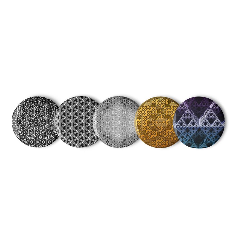 Sacred Geometry Patterns | Set of Spiritual pin buttons | Geometric Visionary Art | Psychedelic Mystical Pattern Pin Buttons