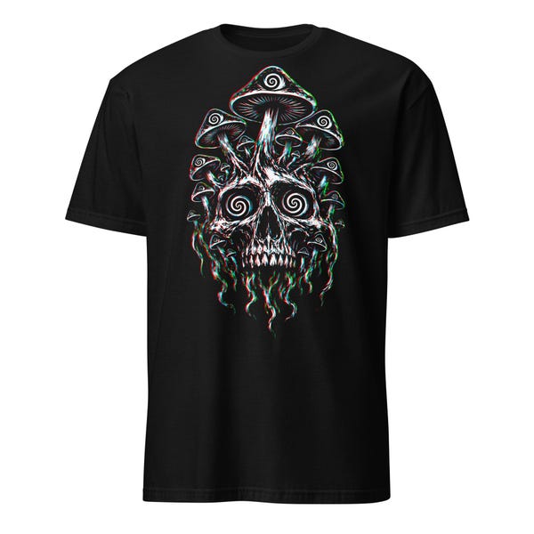 Psychedelic Skull Mushroom T-Shirt, Glitch Skull Graphic Tee, Trippy Gothic Festival Shirt