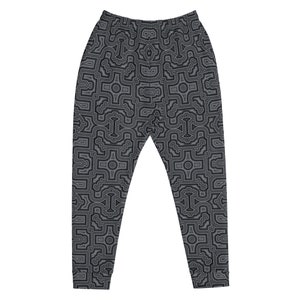 May include: Black and gray sweatpants with a geometric pattern.