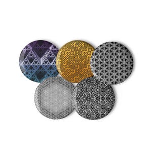 Sacred Geometry Patterns | Set of Spiritual pin buttons | Geometric Visionary Art | Psychedelic Mystical Pattern Pin Buttons