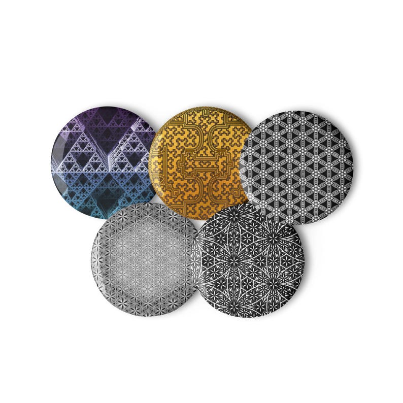 Sacred Geometry Patterns | Set of Spiritual pin buttons | Geometric Visionary Art | Psychedelic Mystical Pattern Pin Buttons