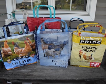 Re-usable shopping bag - Recycled Feed Bag Tote - Livestock Tote - Sheep - Horse - Cow - Chicken - Chicks - Dumor - Purnina - Layer Crumble