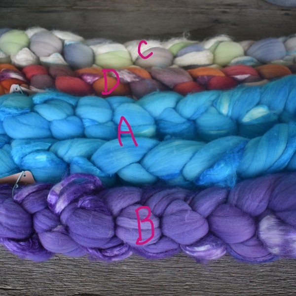 Wool - Tussah Silk - Hand Dyed Fiber -  Spinning - Felting - Weaving - Fiber Art - Next to Skin Soft