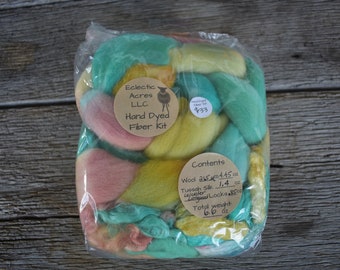 Hand Dyed Fiber Kit - Wool - Leicester Longwool Locks - Spinning - Felting - Weaving - Fiber Art - Teal - Salmon - Yellow - Mustard