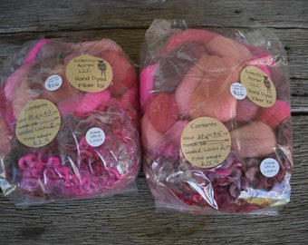 Hand Dyed Fiber Kit - Wool - Lincoln X Locks - Spinning - Felting - Weaving - Make Your Own Batts - Pink - Red - Fuchsia
