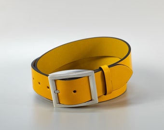 Customizable handmade 40mm wide yellow full-grain leather womens belt "Serenna" with free personalization and elegant gift box