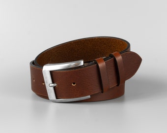 Personalized handmade 40mm wide brown full-grain leather mens belt "Bruce" with free personalization and minimalist gift box