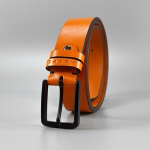 Personalized handmade 35mm wide orange full-grain leather mens belt Flame with free personalization and minimalist gift box image 2